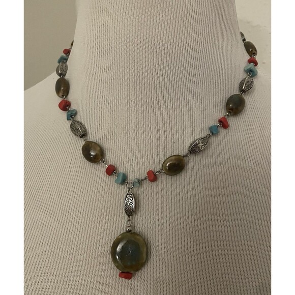 Vintage Beaded Necklace Red And Turquoise Beads Pendant - Picture 1 of 6